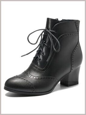 Faux Leather Victorian Ankle Boots Lace Up Side Zip Chunky Block Heel Women's
